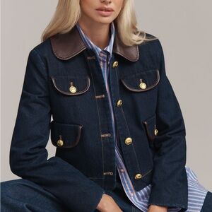 NEW Avec Les Filles Denim Lady Jacket: Dark Denim Jacket with Brown Leather Trim